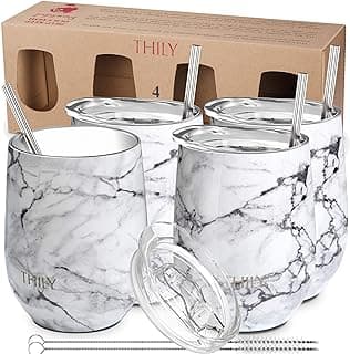 THILY Stainless Steel Stemless Wine Tumbler 4 Pack Vacuum Insulated Travel Wine Glasses Set with Sliding Lids and Straws, Keep Cold for Juice, Cocktails, Beer, Party, Christmas Gift, White Marble image