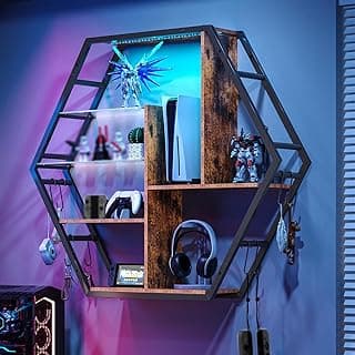 Floating Shelves with Lights, Led Shelves for Wall, Gaming Room Decor Display Shelf, Lighted Bar Shelves, Extra Hanging Hooks Storage, Sturdy Fast Assembly Great Weight Capacity-Rustic Brown