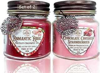 Way Out West Aromatherapy Scented Candles Set with Romantic Rose & Chocolate Covered Strawberry - Romantic Candles Pack - Set of 2 - Handcrafted in America
