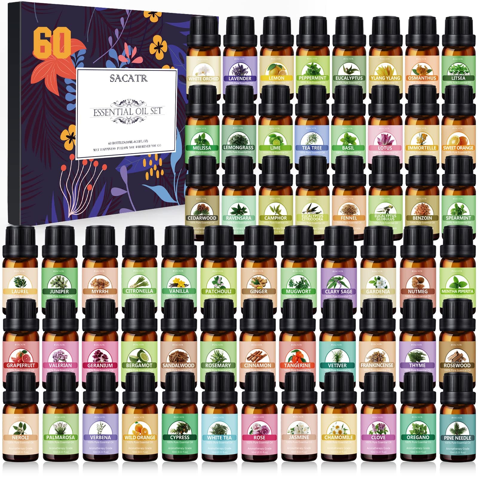 Essential Oil Set - Essential Oils - Pure Essential Oils - Perfect for Diffuser, Massage, Soap, Candle, Bath Bombs Making, 60x10ml(0.33fl.oz) image