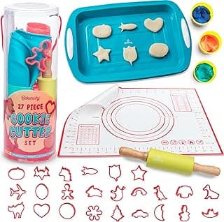 Baketivity Cookie Cutter Set For Kids, 24 Assorted Cookie Cutters of Basic Shapes, Seasonal, and Holiday Themes - With Rolling Pin, Silicone Baking Pan, and Non-Stick Baking Mat - BPA-Free - Ages 4+ image