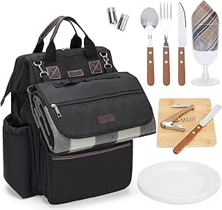 HappyPicnic Picnic Backpack Set for 4 Persons with Insulated Cooler and Waterproof Picnic Blanket for Family Outdoor Beach Camping - Black image