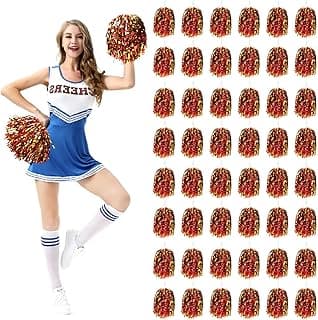 48Pcs Pom Poms Cheerleading Bulk Cheer Pom Poms Sets with Baton Handle Metallic Foil Squad Team for Sports Team Party Dance Cheering(Red+Gold) image