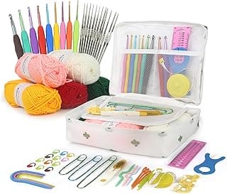 OPTIVICE Crochet Kits for Beginners Adults Knitting Kit Ergonomic Metal Crochet Hooks Knitting Accessories Tools Crochet Wool Yarn Storage Case Needles Crochet Starter Kit (White Cactus) image