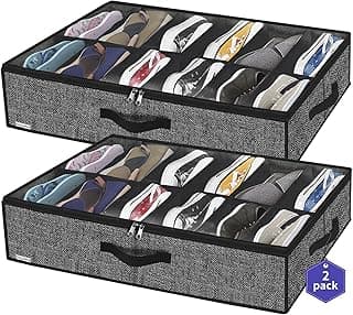 Onlyeasy Sturdy Under Bed Shoe Storage Organizer, Set of 2, Fits Total 24 Pairs, Underbed Shoes Closet Storage Solution with Clear Window, Breathable, 29.3"x23.6"x5.9", Linen-like Black, MXAUBSB2P image