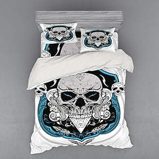 Lunarable Skull Bedding Set, Evil Dead Head Skeleton Leaf Details Gothic Mexican Work of Art Print, 4 Piece Duvet Cover Set with Shams and Fitted Sheet, California King, Grey White Blue image