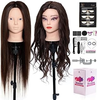 Mannequin Head 60% Human Hair,28 Inch Make up Cosmetology Manikin Practice Doll Head with Hair,Braiding Hairdressing Head for Hair Styling with Table Clamp + DIY Hair Styling Set