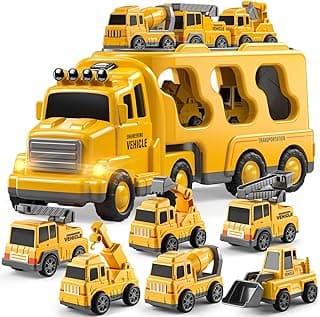 TEMI Construction Truck Toys Cars for Toddlers 3-5 - 7-in-1 Friction Power Vehicle Toy 3 4 5 6 Year Old Boys, Carrier Transport Trucks Kids Years, Car Set Age 3-9 Boys & Girls image