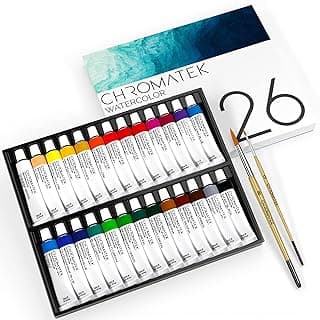 Watercolor Paint Set | 26 x 12ml Tubes of Liquid Water Color Paint | 2 x Professional Brushes | Richly Pigmented Vibrant Colors | Adults, Children, Beginners and Artists Paint Set image