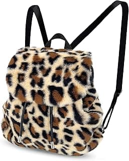 Leopard Backpack for Girls Cheetah Print Fluffy Backpack Fuzzy Purse Plush Drawstring Mini Bag for Women Adult (Leopard) image