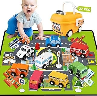Toddler Toys, Wooden Cars Toys for Baby boy, 22 PCS City Cars and Trucks Toy Vehicles Set with Traffic Signs, Playmat, Storage Box, Wood Toy Cars for Toddlers Boys Educational Play