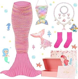 Misdary Mermaid Knitted Tail Blanket Set of 11pcs, Mermaid Birthday Gift for Girls Aged 3-7, Suitable for Mermaid Theme Party, Comes with Jewelry Set, Socks, Gift Box, Greeting Card image