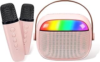 Karaoke Machine for Kids Adults, Pink Mini Portable Karaoke Machine with 2 Wireless Mics and Lights for Girls Ages 4,5,6,7,8,9,10,12+ Home Party image