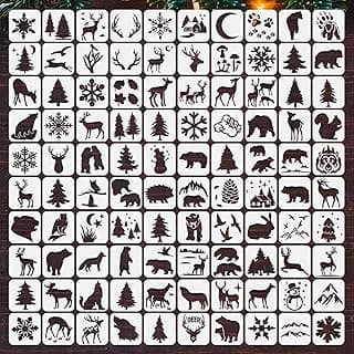 100 Pieces Winter Forest Stencil Template for Painting Reusable Drawing Stencils Animal Plant Stencil, Stencils for Painting on Wood Craft Supplies Wall Home DIY Decor 3 x 3 Inch image