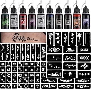 STIGMA Temporary Tattoo Kit 10 Bottles Color Inks, 84 Pcs Stencils Kit for Body Paint DIY Tattoos Temp, 10 Colors DIY Fake Tattoo for Women Kids image