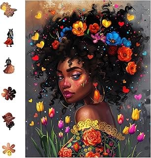 Beautiful African American Black Girl Wooden Puzzles for Adults, Afro Fashion Flora Girl Jigsaw Puzzles, Unique Shaped Flower Wood Puzzle 500Pieces, 18.1x14.5in, Birthday Gifts Family Game
