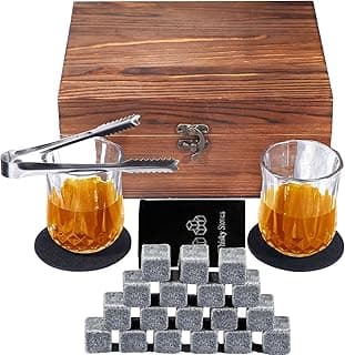 Whiskey Stones Gift Set - includes 2 Whiskey Glasses, 18 Chilling Whiskey Stones, Elegant Wooden Box - Glasses Gift Set for Men Dad Husband Birthday Father's Day Present image