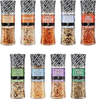 Spice Seasoning Set of 9 with Integrated Grinders, Individual Spice Grinder, Pure and Fresh Perfect for BBQ Seasoning Gift Set, Grilling Spice, Pepper Grinder,colorful image