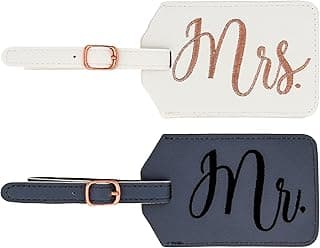Miamica Mrs. & Mr. Luggage Tags – Set of 2 Faux Leather Suitcase Tags with Sturdy Buckle Straps – 6.85" x 3" Each – Cute Honeymoon, Bachelorette, Engagement Gifts image
