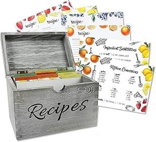 Recipe Box, Rustic Pinewood Storage Box with 100 Recipe Cards, 9 Dividers, Vintage Style, Gray - 7x5.3x4 inches image