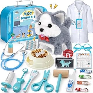 Wooden Doctor Kit & Dog Toys for Kids Toddlers Girls Boys 3 4 5 6 Years Old, Walking Barking Stuffed Dog & Doctor Costume & Veterinarian Pretend Play Set, Gifts for Boys Girls 3 4 5 6+