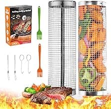 Rolling Grill Baskets, 2Pack Outdoor Veggies Grill BBQ Net Tube Tools Set, Stainless Steel Round Mesh Rotation Barbecue Cylinder Cage Camping Cooking Accessories for Shrimp, Meat