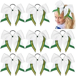 8 PCS Large Cheer Hair Bows 8" Glitter Hair Bows Green White Sparkly Cheerleading Softball Team Bow Hair Accessories for cheerleaders football Competition Sports image