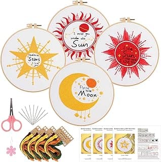ojindiy 4 Sets Embroidery Kit Starter with Pattern and Instructions, DIY Beginner Starter Cross Stitch Kit Include 1 Embroidery Hoop, Needlework for Adults (Sun Moon Star) image