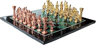 StonKraft Collectible Black Marble and Malachite Stone Chess Board Set + Brass Roman Chess Pieces Pawns - Decorative Stone Chess - Home Décor - 15" Inches