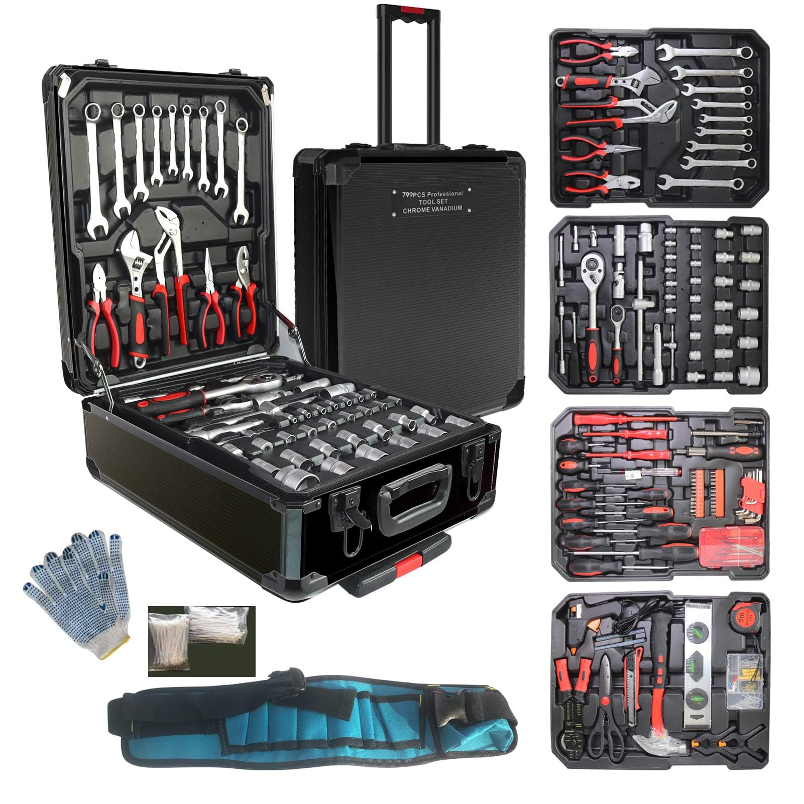 Tool Sets for Men, Tool Kit with Rolling Box, Complete Household Set, Aluminum Trolley Case Sets, Gift on Father's Day