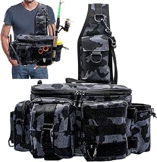 Fishing Tackle Bag Sling Shoulder Backpack with Rod & Gear Holder, Multi-functional Crossbody Storage Bag Waterproof Fishing Bag for Fly Fishing, Outdoor Sports image