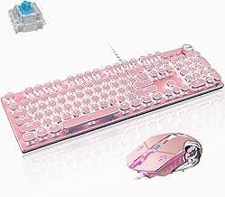 Basaltech Mechanical Gaming Keyboard and Mouse Combo, Retro Steampunk Vintage Typewriter-Style Keyboard with LED Backlit, 104-Key Anti-Ghosting Blue Switch Wired USB Metal Panel Round Keycaps, Pink image