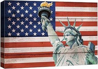 wall26 Canvas Print Wall Art Wood Panel Effect Statue of Liberty American Flag Stars Cultural Historic Digital Art Modern Art Decorative Global Patriotic for Living Room, Bedroom, Office - 32x48 image