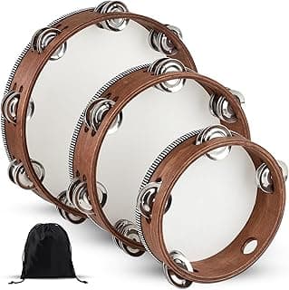 Tambourine, Tambourines for Adults, 3 PCS Wooden Hand Held Percussion Tambourine with Storage Bag, Tambourines Musical Instrument for Church, Wedding, Party, Dance, Photo Shoot(6+8+10 Inches) image