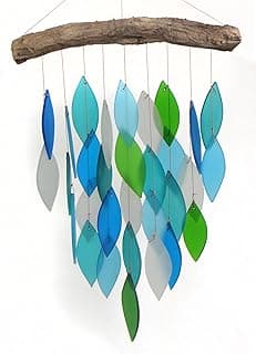 Blue Handworks Ocean Waterfall Glass and Driftwood Chime, Sandblasted Glass and Found Wood Handcrafted Wind Chime image