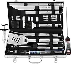 Grill Tool Set, 24-Piece BBQ Kit with Aluminum Case, Include Spatula, Meat Fork, Tongs, Injector, Thermometer, Knife, Skewers, Cleaning & Basting Brush, Outdoor Camping, Backyard Grilling Accessories