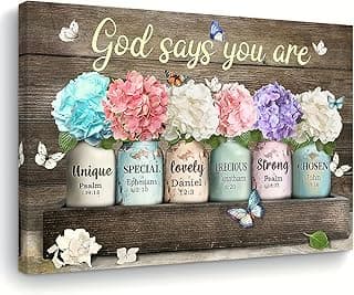 An inspirational scripture floral Canvas Wall Art, God says you are a wooden frame canvas with flowers, religious encouragement quotes home décor, gifts for her or him, suitable for living room bedroom office, Elegant and modern living room painting