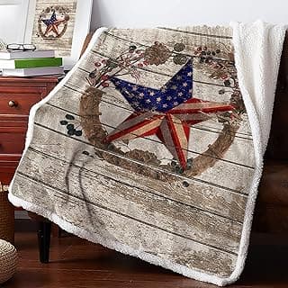 Sherpa Fleece Throw Blanket Fluffy Fuzzy Cozy Flannel Plush Blankets Flag Day Western USA Flags Texas Star Wreath Reversible Soft Warm Bed Throws Retro Farmhouse Wood Board Blanket for Couch 50x80in image