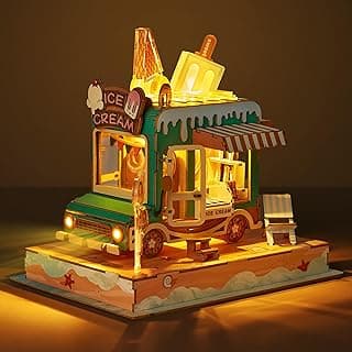 3D Wood Puzzle Ice Cream Truck Model - DIY Miniature Food Truck Dollhouse Vehicle Craft Kit with LED Lights - Perfect Creative Gift for Kids and Adults (Ice Cream Truck) image