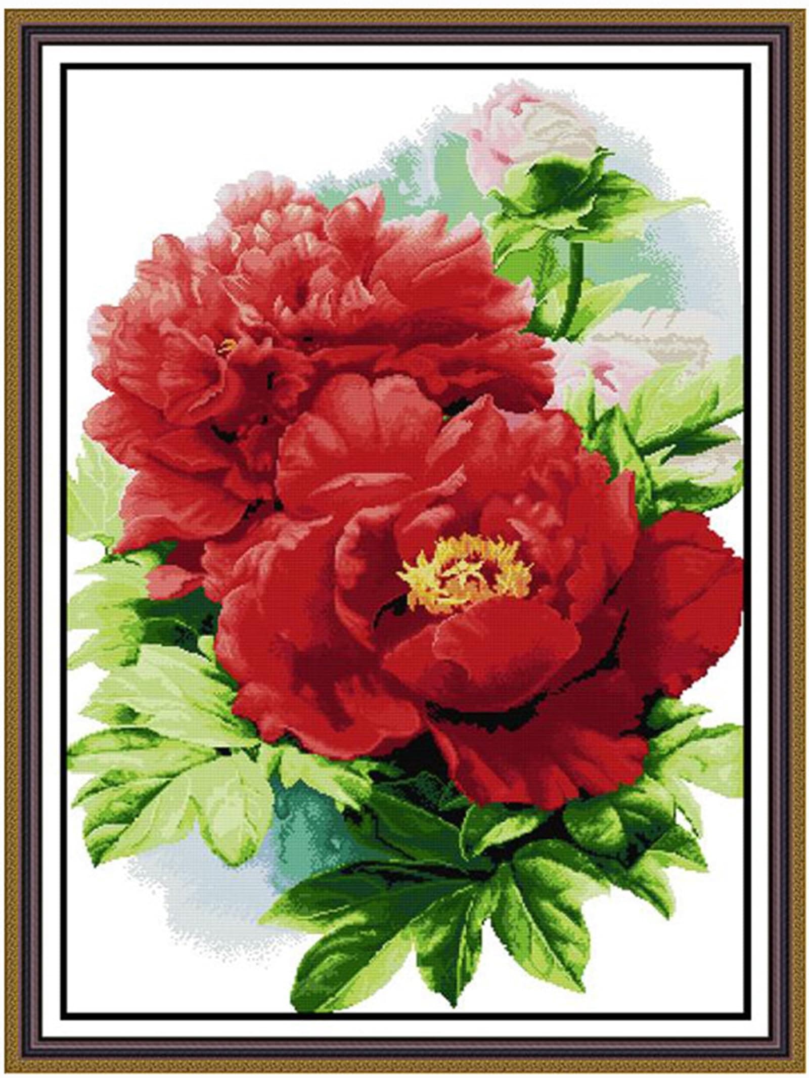 Rosyfoxes Cross Stitch Kits Stamped Full Range of Embroidery Starter Kits for Beginners DIY- Printed Kit Peony Blooming with Wealth(Printed) 14CT 2 Strands 24.4x23.9 inches