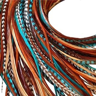 Hair Feathers Extensions Kit, Long Real Rooster Feathers for Hair with DIY Microlink Beads and Loop Tool, Western Turquoise Blue and Brown Naturals image