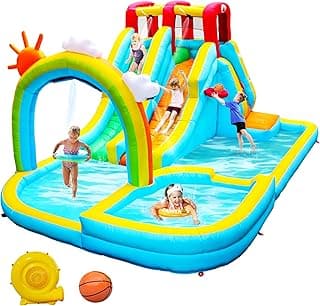 Inflatable Water Double Slides Park with Blower, Bouncy Castle with Rainbow Water Curtain, with Shooting and Rock Climbing image
