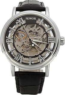 SEWOR Men's Mechanical Skeleton Transparent Vintage Style Leather Wrist Watch image