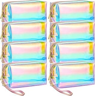 Dunzy 8 Pcs Holographic Clear Makeup Bags with Zipper Travel Cosmetic Bag Iridescent Makeup Pouches with Wrist Loop Waterproof Toiletry Organizer Case Home Office Purse Diaper Bag Vacation Gift(M) image