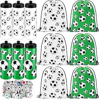 24 Pcs Soccer Water Bottles Soccer Drawstring Bag Set with 50 Sticker Soccer Party Favors Reusable Sports Squeeze Water Bottles 20oz Soccer Goodie Gift Bag for Soccer Team Gifts Party Favor image