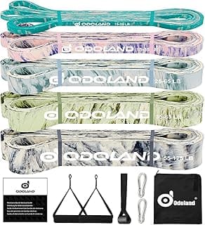 Odoland 5 Packs Pull Up Assist Bands, Pull Up Straps, Resistance Bands with Door Anchor and Handles, Stretch Mobility, Powerlifting and Extra Durable Exercise Bands with eGuide