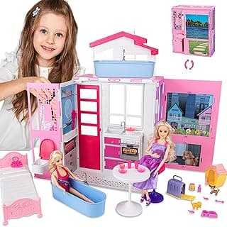 Portable Dollhouse Playset for 11.5 inch, 2-Story Doll House with 25+ Pcs Dollhouse Furnitures & Accessories, Space Saving Playhouse Dolls House Birthday Xmas Gift for Girls Kids Toddlers 3+ image