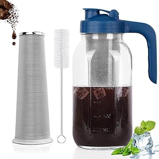 Cold Brew Coffee Maker Pitcher,64 Oz Heavy Duty Glass Mason Jar Pitcher with Pour Spout Handle Lid ，Stainless Steel Filter for Iced Coffee,Iced tea,Fruit Drinks，lemonade - Blue image
