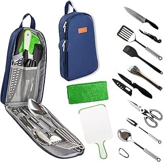 Camp Cooking Utensil Set & Outdoor Kitchen Gear Cookware Kit, Portable Compact Carry Case for Camping, Hiking, Travel, BBQ Grilling Stainless Steel Accessories Spoon & Fork image