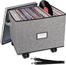 Rolling Vinyl Record Storage Box, LP Record Storage Holds up 100 Single Records, Decorative Moving Box for Records, Vinyl Storage Organizer with Tow Rope and Double Handle image